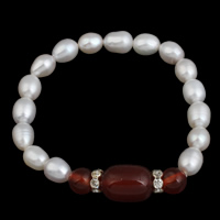 Sötvatten odlade Pearl Bracelet, Freshwater Pearl, med järn rhinestone spacer & Red Agate, Ris, naturlig, med strass, 6-7mm, Såld Per Ca 6.5 inch Strand