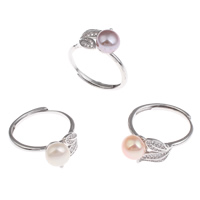 Freshwater Pearl Finger Ring Brass with Freshwater Pearl Potato platinum color plated natural & with rhinestone nickel lead & cadmium free 7-8mm US Ring Sold By PC