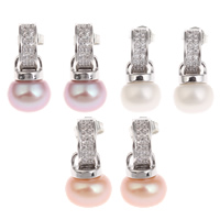 Freshwater Pearl Earrings brass post pin Potato platinum color plated natural & micro pave cubic zirconia 6-7mm Sold By Pair