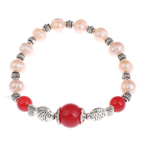 Freshwater Cultured Pearl Bracelet Freshwater Pearl with Red Agate & Brass Fish antique silver color plated natural 7-8mm Sold Per Approx 7 Inch Strand
