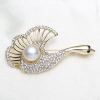Freshwater Pearl Brooch, Brass, with Freshwater Pearl, gold color plated, natural & with rhinestone, nickel, lead & cadmium free, 61x31x12mm, Sold By PC