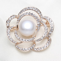 Freshwater Pearl Brooch Brass with Freshwater Pearl Flower rose gold color plated natural & with rhinestone nickel lead & cadmium free Sold By PC