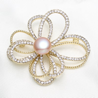 Freshwater Pearl Brooch Brass with Freshwater Pearl Flower gold color plated natural & with rhinestone nickel lead & cadmium free Sold By PC