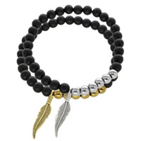 Black Agate Bracelets with Brass & Zinc Alloy Feather plated natural & charm bracelet & Unisex & frosted nickel lead & cadmium free Length Approx 7.5 Inch Sold By Lot