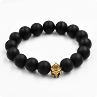 Black Agate Bracelets with Zinc Alloy Helmet antique gold color plated natural & for man & frosted nickel lead & cadmium free 12mm Length Approx 7.5 Inch Sold By Lot