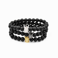 Black Agate Bracelets with Brass Crown plated natural & Unisex & micro pave cubic zirconia & frosted nickel lead & cadmium free Length Approx 7.5 Inch Sold By Lot