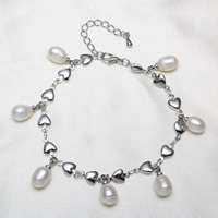 Freshwater Cultured Pearl Bracelet Brass with Freshwater Pearl with 4cm extender chain Heart platinum color plated natural & charm bracelet nickel lead & cadmium free 6-7mm Sold Per Approx 6.5 Inch Strand