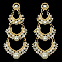 Zinc Alloy Drop Earring with ABS Plastic Pearl stainless steel post pin Flower gold color plated with rhinestone lead & cadmium free Sold By Bag