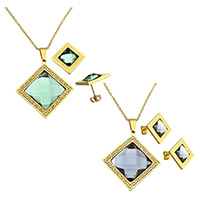 Crystal Jewelry Sets earring & necklace Stainless Steel with Crystal Rhombus gold color plated oval chain & faceted Length Approx 18 Inch Sold By Set