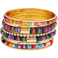 Zinc Alloy Bangle Set with Nylon Cord & Glass Seed Beads gold color plated with rhinestone & multi-strand multi-colored lead & cadmium free 72mm Inner Approx 60mm Length Approx 7 Inch Sold By Set