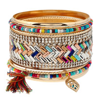 Zinc Alloy Bangle Set with Wool & Crystal & Glass Seed Beads Leaf gold color plated faceted & with rhinestone & multi-strand multi-colored lead & cadmium free 71mm Inner Approx 68mm Length Approx 8 Inch Sold By Set