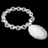 Mosiądz Bransoletka medalion, Płaski owal, Platerowane prawdziwym srebrem, owalne łańcucha, bez zawartości ołowiu i kadmu, 27mm, sprzedawane na około 8 cal Strand