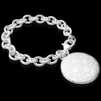 metal Locket pulsera, con 5cm extender cadena, Redondo aplanado, chapado en plata real, cadena oval, libre de plomo & cadmio, 32mm, Vendido para aproximado 8 Inch Sarta