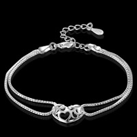 Messing Armbånd, med 5cm extender kæde, Heart, ægte sølv forgyldt, boks kæde & 2-streng, bly & cadmium fri, 15x9mm, Solgt Per Ca. 8 inch Strand