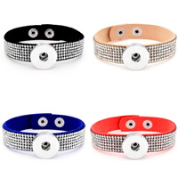 Snap Button Bracelet Zinc Alloy with PU Leather platinum color plated for woman & with rhinestone lead & cadmium free 18mm Inner Approx 6mm Sold Per Approx 7 Inch Strand