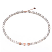 Sladkovodní Pearl mosaz řetěz náhrdelník, s Mosaz, s 4cm extender řetězce, Rýže, barva růže pozlacené, přírodní, bílý, 6-7mm, Prodáno za Cca 17.5 inch Strand