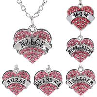 Zinc Alloy Necklace Heart silver color plated twist oval chain & with letter pattern & with rhinestone & blacken nickel lead & cadmium free 22mm Length Approx 19.5 Inch Sold By Lot