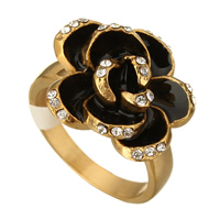 خاتم إصبع الراين, الفولاذ المقاوم للصدأ, زهرة, لون الذهب مطلي, للمرأة & مينا & مع حجر الراين, 19mm, حجم:8, تباع بواسطة PC