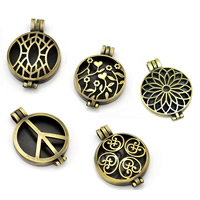 Brass Locket Pendants, with Crystal, Flat Round, antique bronze color plated, different styles for choice & faceted & hollow, lead & cadmium free, 33x44mm, Hole:Approx 1-2mm, 20PCs/Bag, Sold By Bag