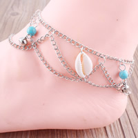 Iron Anklet with Turquoise & Shell with 5cm extender chain platinum color plated with bell & twist oval chain & for woman lead & cadmium free 240mm Length Approx 9 Inch Sold By Bag