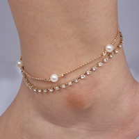 Iron Anklet with ABS Plastic Pearl with 5cm extender chain gold color plated for woman & with rhinestone &  lead & cadmium free 240mm Length Approx 9 Inch Sold By Bag