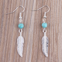 Zinc Alloy Drop Earring with Turquoise iron earring hook Feather platinum color plated lead & cadmium free 60mm Sold By Bag