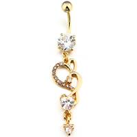 Stainless Steel Belly Ring Heart 14K gold plated with cubic zirconia & with rhinestone Sold By PC