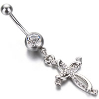 Stainless Steel Belly Ring Cross with rhinestone original color Sold By PC