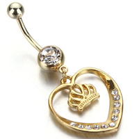 Stainless Steel Belly Ring Heart gold color plated with rhinestone Sold By PC