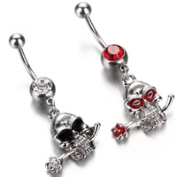 Stainless Steel Belly Ring Skull & enamel & with rhinestone original color Sold By PC