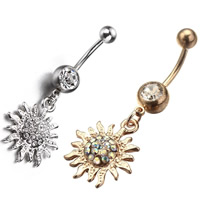 Stainless Steel Belly Ring Sun plated with rhinestone Sold By PC