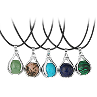 Natural Gemstone Necklace with PU Leather & Brass with 2lnch extender chain Teardrop platinum color plated & for woman nickel lead & cadmium free 1.5mm Sold Per Approx 17.5 Inch Strand