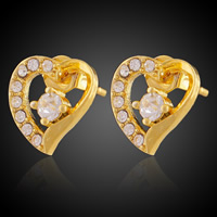 Brass Stud Earring Heart 18K gold plated with cubic zirconia lead & cadmium free 11mm Sold By Bag