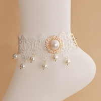 Gothic Anklet Lace with Glass Pearl & Zinc Alloy with 2.7lnch extender chain gold color plated for woman nickel lead & cadmium free Sold Per Approx 7.4 Inch Strand