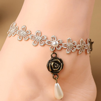 Gothic Anklet Lace with Glass Pearl & Zinc Alloy with 2.7lnch extender chain antique bronze color plated for woman nickel lead & cadmium free Sold Per Approx 7.4 Inch Strand