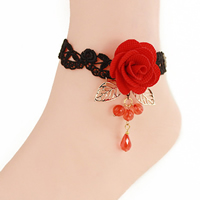 Gothic Anklet Lace with Linen & Crystal & Zinc Alloy with 2.7lnch extender chain Flower plated for woman & faceted nickel lead & cadmium free Sold Per Approx 7.4 Inch Strand
