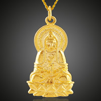 Boeddhistische hanger, Messing, Guanyin, 18K vergulde, boeddhistische sieraden, lood en cadmium vrij, 14.7x32.7mm, Gat:Ca 3-5mm, 6pC's/Bag, Verkocht door Bag
