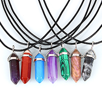 Natural Gemstone Necklace with PU Leather & Brass with 2lnch extender chain pendulum platinum color plated & for woman 1.5mm Sold Per Approx 17.5 Inch Strand