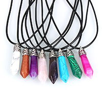 Natural Gemstone Necklace with PU Leather & Brass with 2lnch extender chain pendulum platinum color plated & for woman 1.5mm Sold Per Approx 17.5 Inch Strand