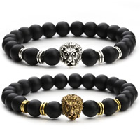 Black Agate Bracelets with Zinc Alloy Lion plated frosted 8mm Sold Per Approx 7 Inch Strand