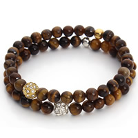Natural Tiger Eye Bracelets with Zinc Alloy Round plated with rhinestone 6mm Sold Per Approx 7 Inch Strand