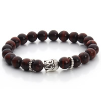 Wrist Mala Tiger Eye with Zinc Alloy Buddha antique silver color plated Buddhist jewelry red 8mm Sold Per Approx 7 Inch Strand