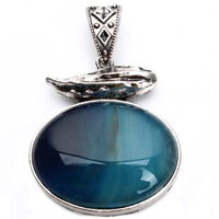 Pingentes de joias de ágata, liga de zinco, with Ágata azul, Oval achatado, banho de cor prata antiga, Chumbo e cádmio livre, 61x42mm, Buraco:Aprox 7x4mm, vendido por PC
