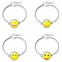 Zinc Alloy Bracelet with Glass with 5cm extender chain Flat Round platinum color plated with smiley face & time gem jewelry & decal 20mm Length Approx 6 Inch Sold By Bag