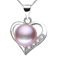 Cubic Zirconia Brass Pendants with Freshwater Pearl Heart real silver plated natural & with cubic zirconia purple lead & cadmium free Approx 2-4mm Sold By PC