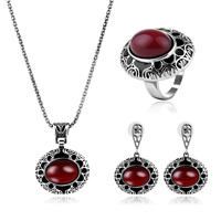 Zinc Alloy Jewelry Sets finger ring & earring & necklace with rubber earnut & Red Agate stainless steel post pin Flat Oval plated lantern chain & for woman & enamel nickel lead & cadmium free   US Ring Length Approx 16.9 Inch Sold By Lot