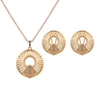 Zinc Alloy Jewelry Sets earring & necklace stainless steel post pin Flat Round gold color plated rope chain & for woman & with rhinestone & hollow nickel lead & cadmium free  Length Approx 17.7 Inch Sold By Lot