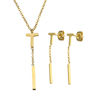 Conjuntos de jóias de aço inoxidável, Brincos & colar, borlapendão, cromado de cor dourada, cadeia oval & para mulher, 8x39x3mm, 1.5x2x0.5mm, 6.5x32x12mm, comprimento Aprox 17 inchaltura, vendido por Defina