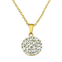 Stainless Steel Jewelry Necklace, with Rhinestone Clay Pave, Flat Round, gold color plated, oval chain & for woman, 13x15x2.5mm, 2x1.5x0.3mm, Sold Per Approx 18 Inch Strand