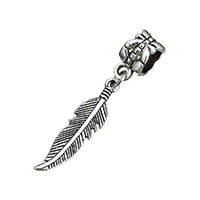 European Style Zinc Alloy Dangle Beads Feather antique silver color plated nickel lead & cadmium free 39mm Approx 5.5mm Sold By Lot